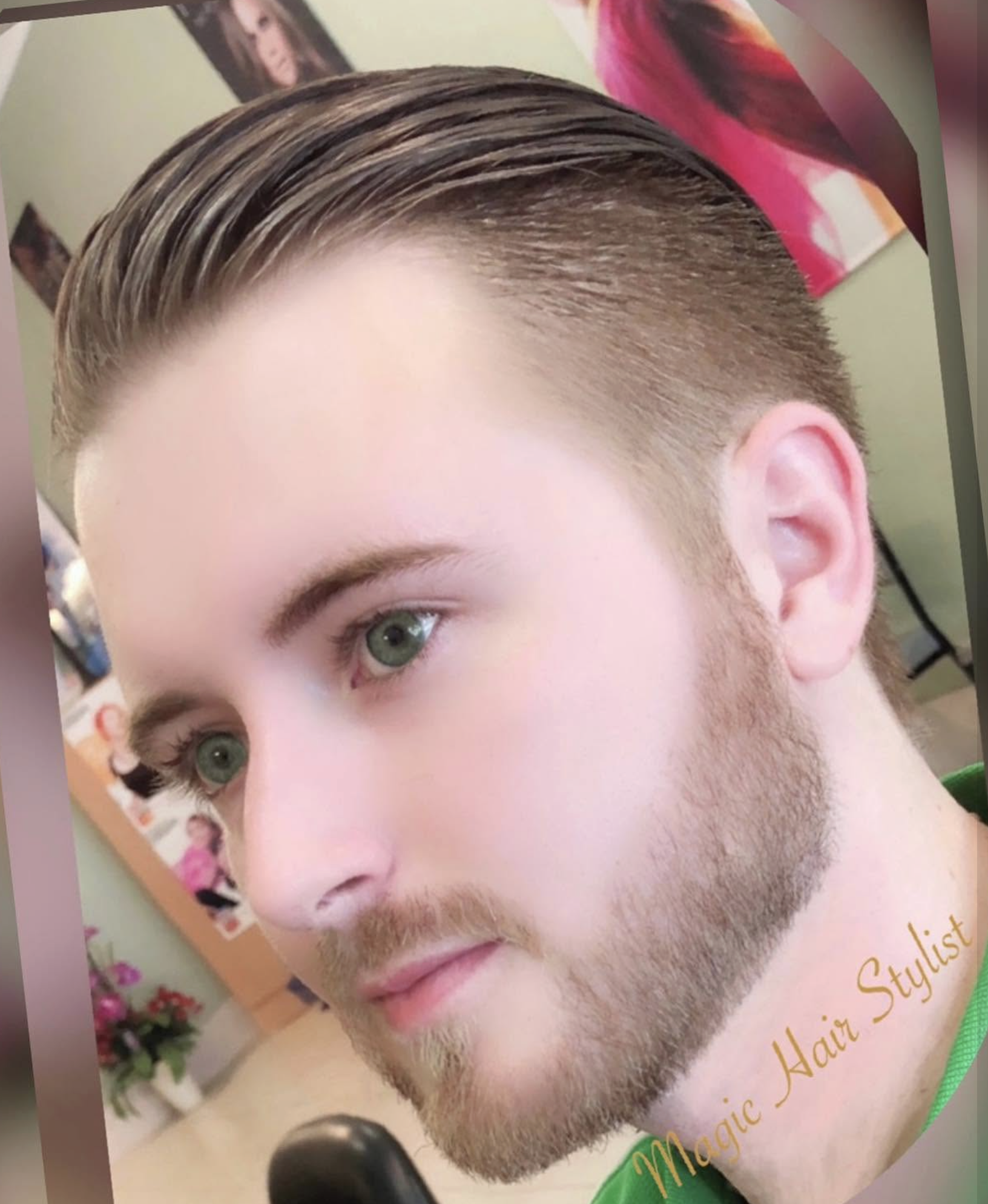 Slicked-back style with taper fade